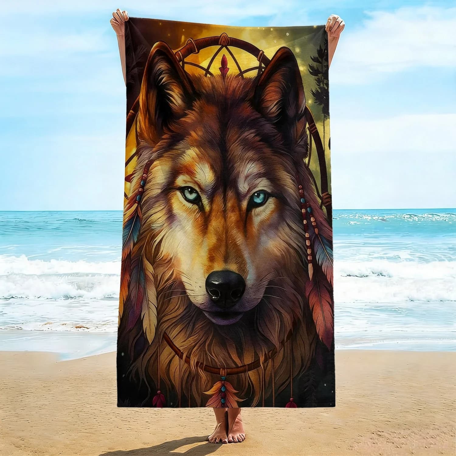 1pcs Boho Wolf Beach Towel, Tribal Dreamcatcher & Wolf Portrait Pattern Bath Towel, Mystic Wildlife Inspired Beach Blanket