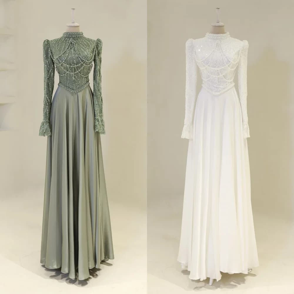 Abiti lunghi a trapezio con colletto alto e perline con paillettes Charmeuse personalizzati Occasioni su misura Festa serale da donna di lusso Sparkle