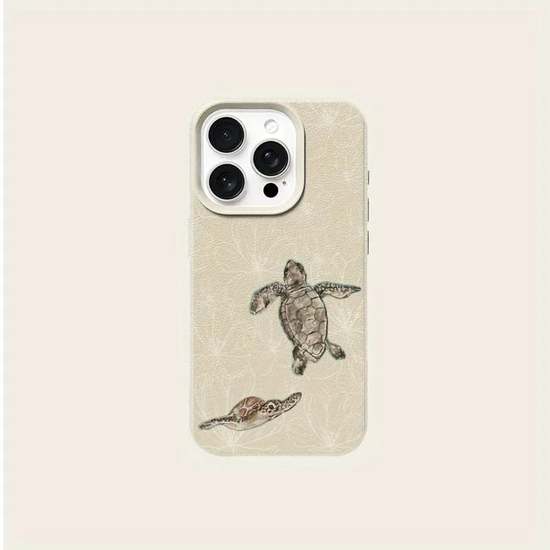 White Patterned Sea Turtle Lychee Texture Phone Case, Suitable for iPhone 17 16 15 14 13 12 11 X Pro Max Plusand other models