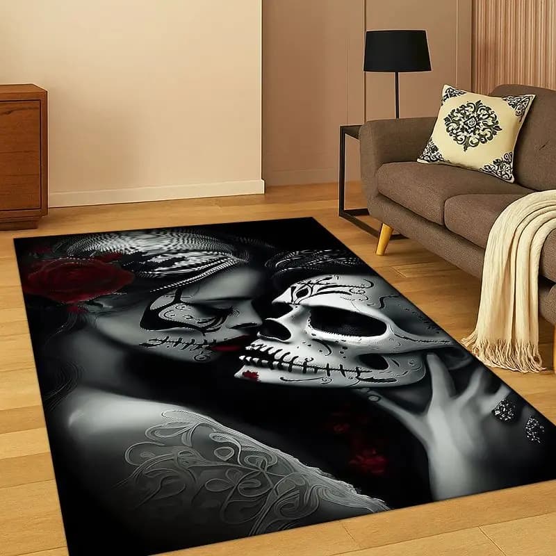 Tappeto Gotico con Teschio e Ragazza Morta in Stile Cartoon Horror per Camera da Letto, Soggiorno, Divano, Sala Giochi, Zerbino, Decorazione Casa, Tappeto Antiscivolo per Bambini