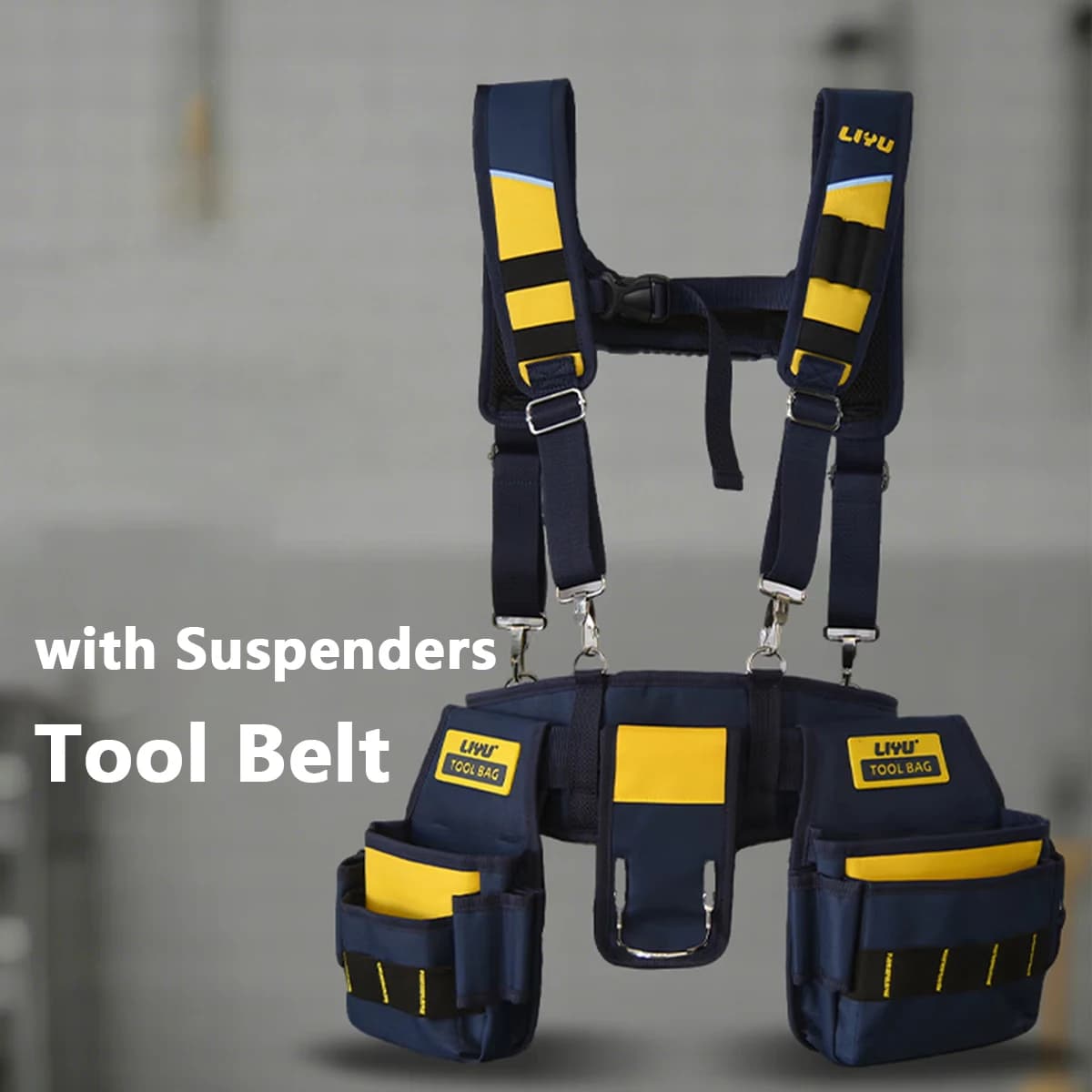 LIYU Tool Belt with Suspenders, 600D Oxford Waterproof Electrician Tool Pouch, Multi-Pocket Heavy-Duty Waist Bag for Constructio