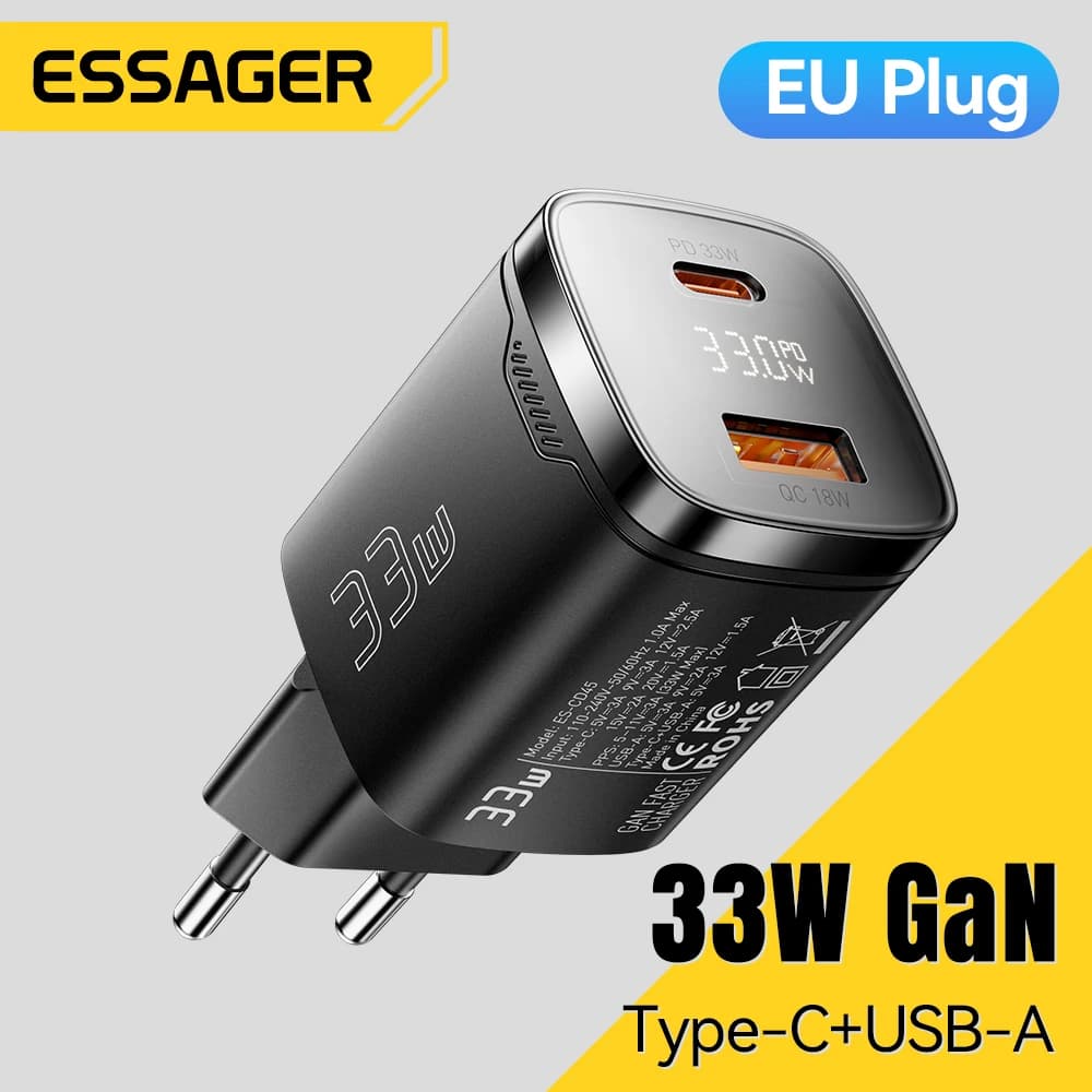 Essager 33W GaN USB Type C Charger Digital Display PD Quick Charging for iPhone 16 15 14 Pro Max iPad Mini 6 Xiaomi Samsung S22