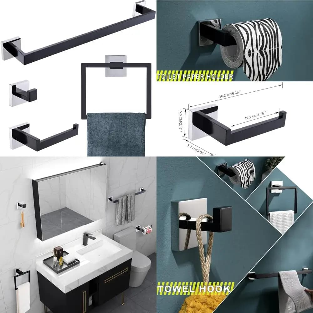 Set portasciugamani da bagno nero in acciaio inossidabile da 4 pezzi, kit di accessori hardware per montaggio a parete per vasca da bagno, finitura lucida.