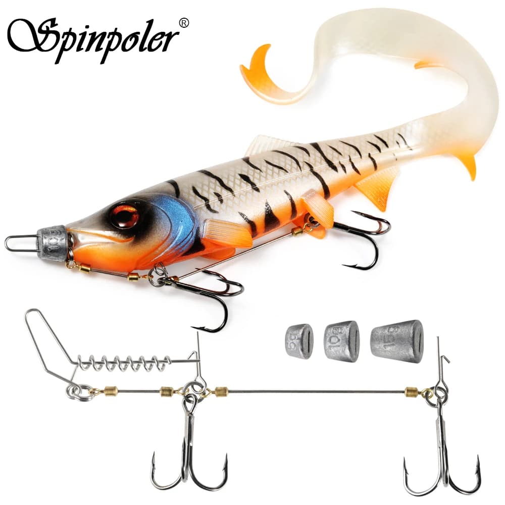 Spinpoler Firebomb Soft Swimbait Long Wavy Tail 3D Eye Lure Stinger Rig System Kit Hook Sinker Weight Pike Freshwater Fishing