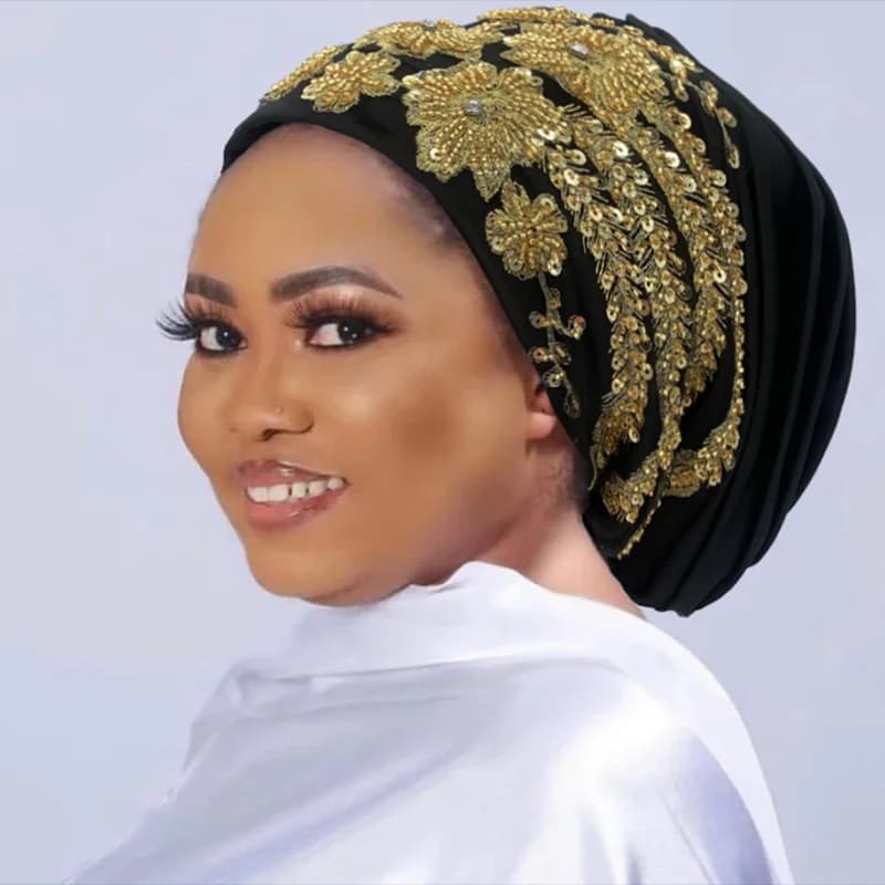 Africano Femminile Avvolgere Testa Cofano Musulmano Turbante Cappello Della Signora Testa Avvolge Glitter Luminescenza Perline Pieghettato Turbante Cap per Le Donne