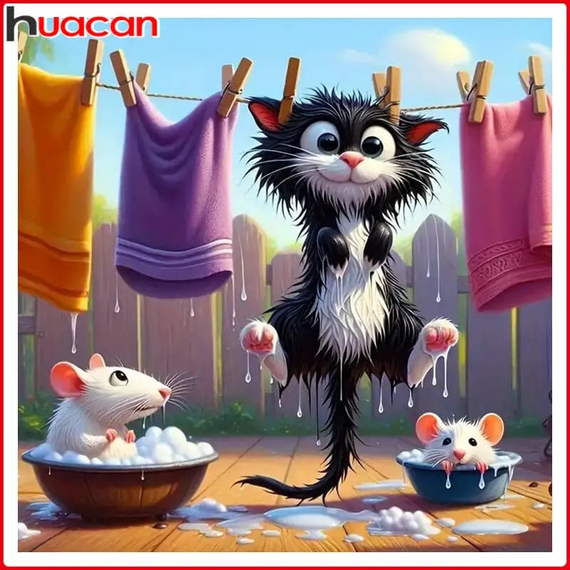 Huacan Animal 5D Diamond Painting Lovely Cat And Mouse Full Drill Rhinestones Mosaic Art Cartoon Design Craft Kit