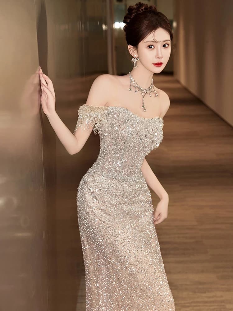 Abito da sera monospalla con paillettes, a sirena, lungo, con cerniera, a vita bassa, per matrimonio, fidanzamento, abbigliamento formale
