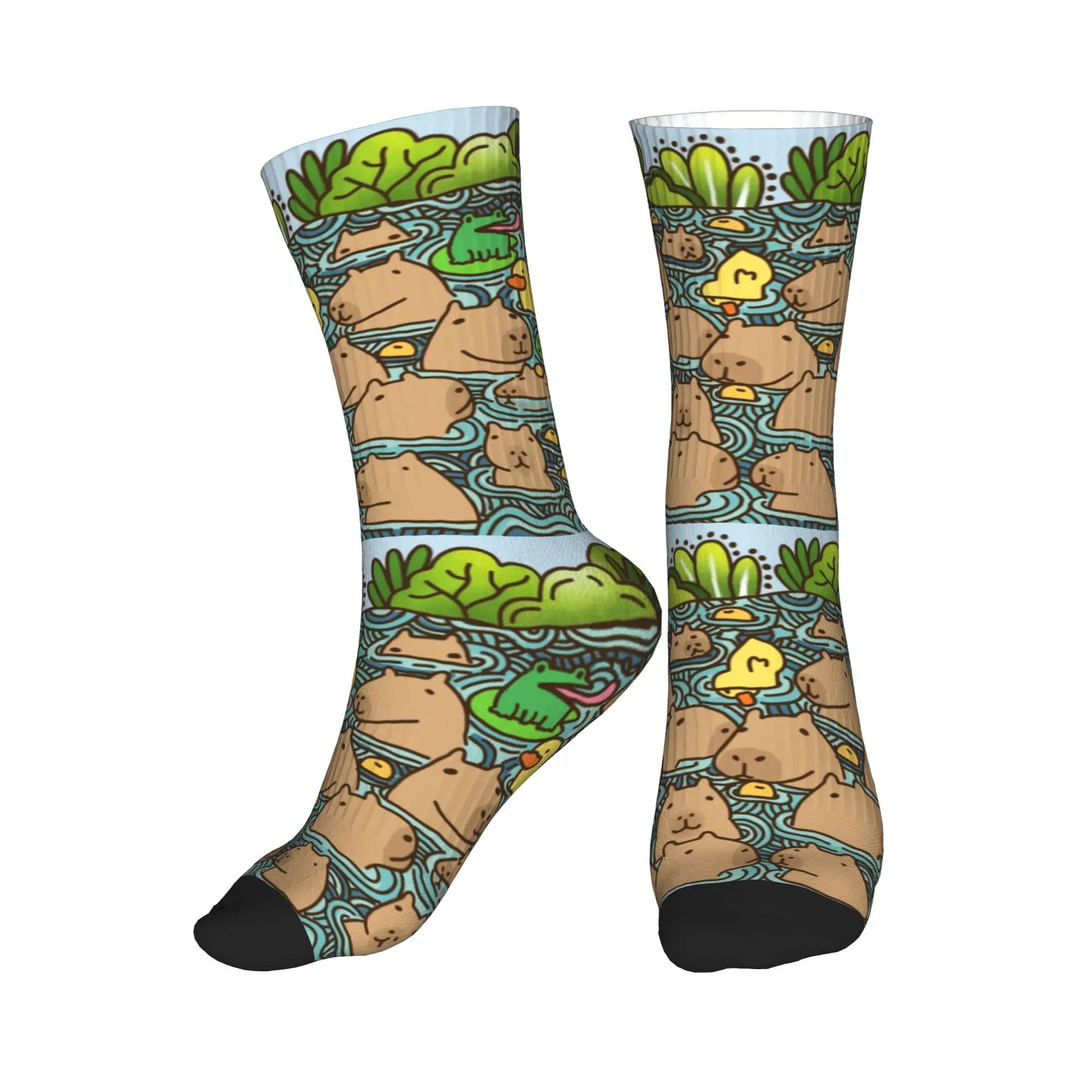 Football sports socks with warm and fun 3D print for men and women, with capibara pattern in the pond