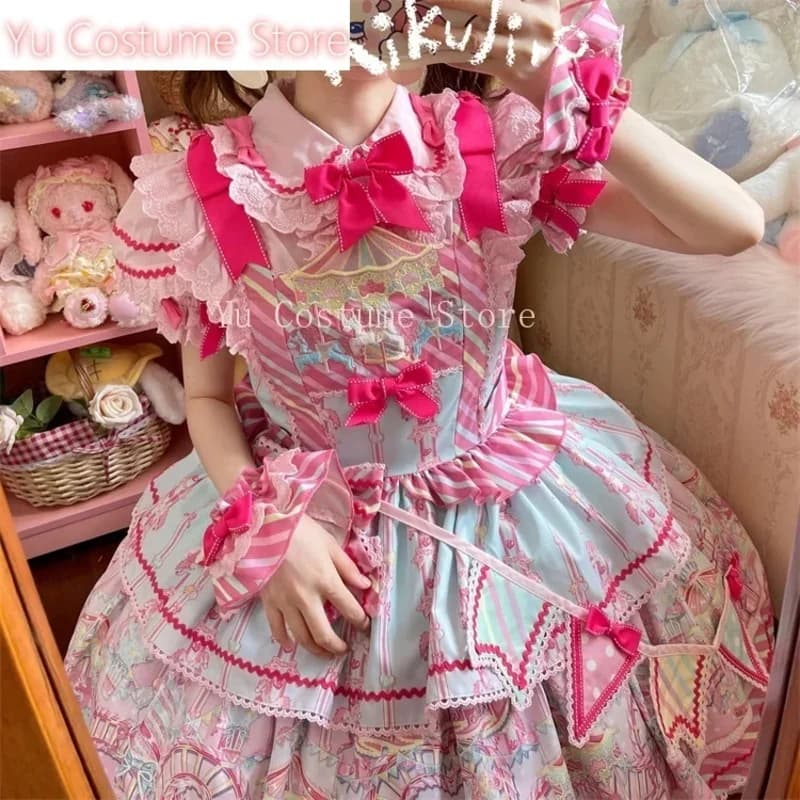Set Lolita per ragazze dolci e carine 2024 Camicia da studente estiva a maniche corte Jsk Abito con cinturino corto Abiti da donna Kawaii5;c,8'z,6.k;