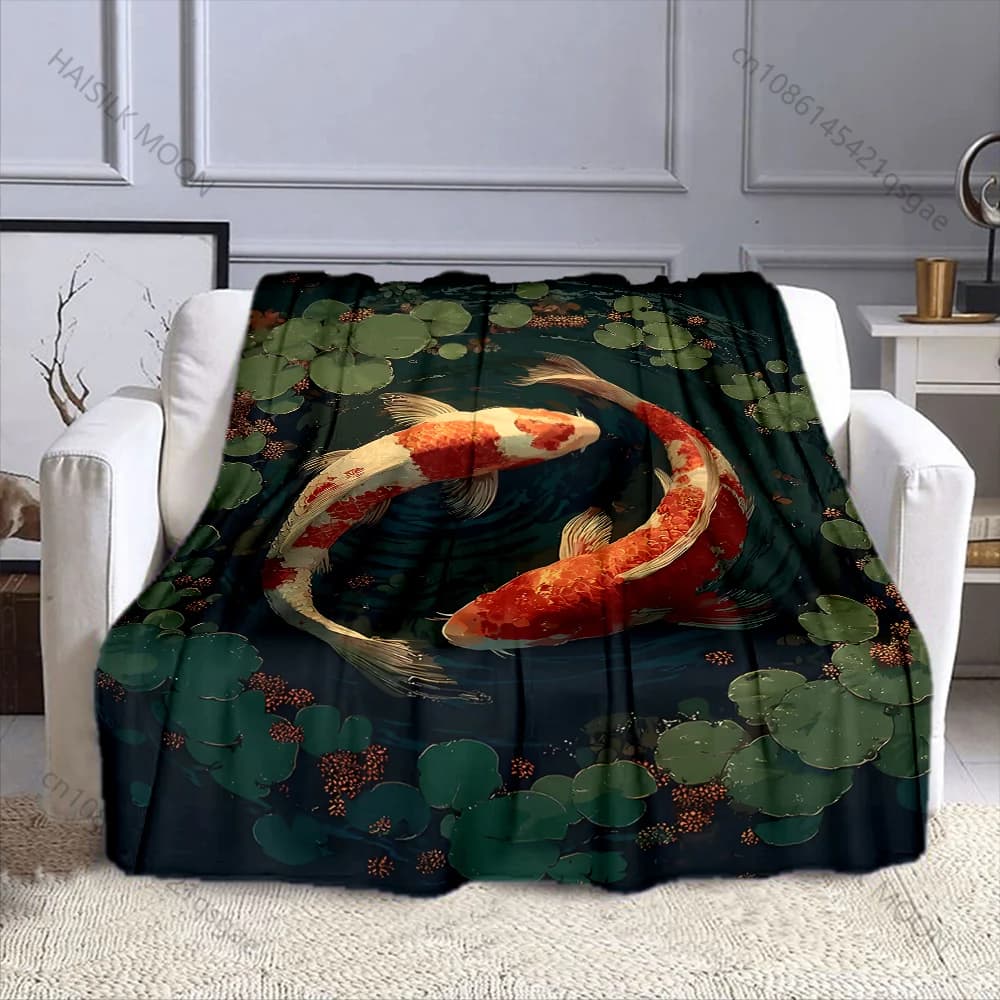 Coperta con stampa di pesci Koi che nuotano tra i gigli, in flanella, morbida e calda, per tutte le stagioni, casa, campeggio, picnic, camper