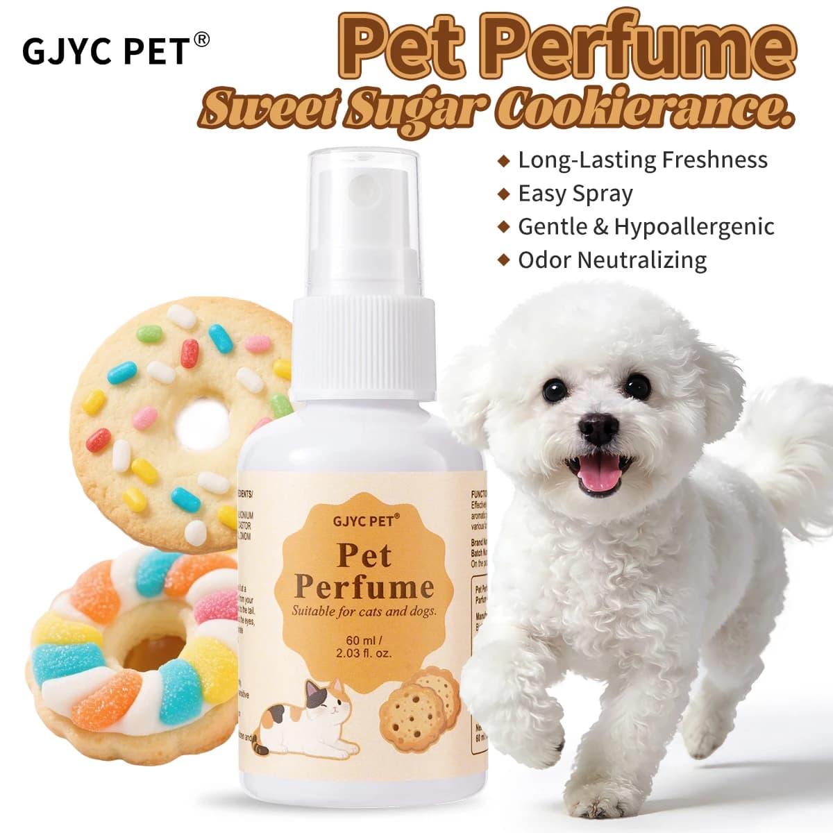 Pet Perfume Spray Sugar Cookie Scent Long Lasting Odor Neutralizing Gentle Hypoallergenic for Dogs Cats Daily Grooming Care