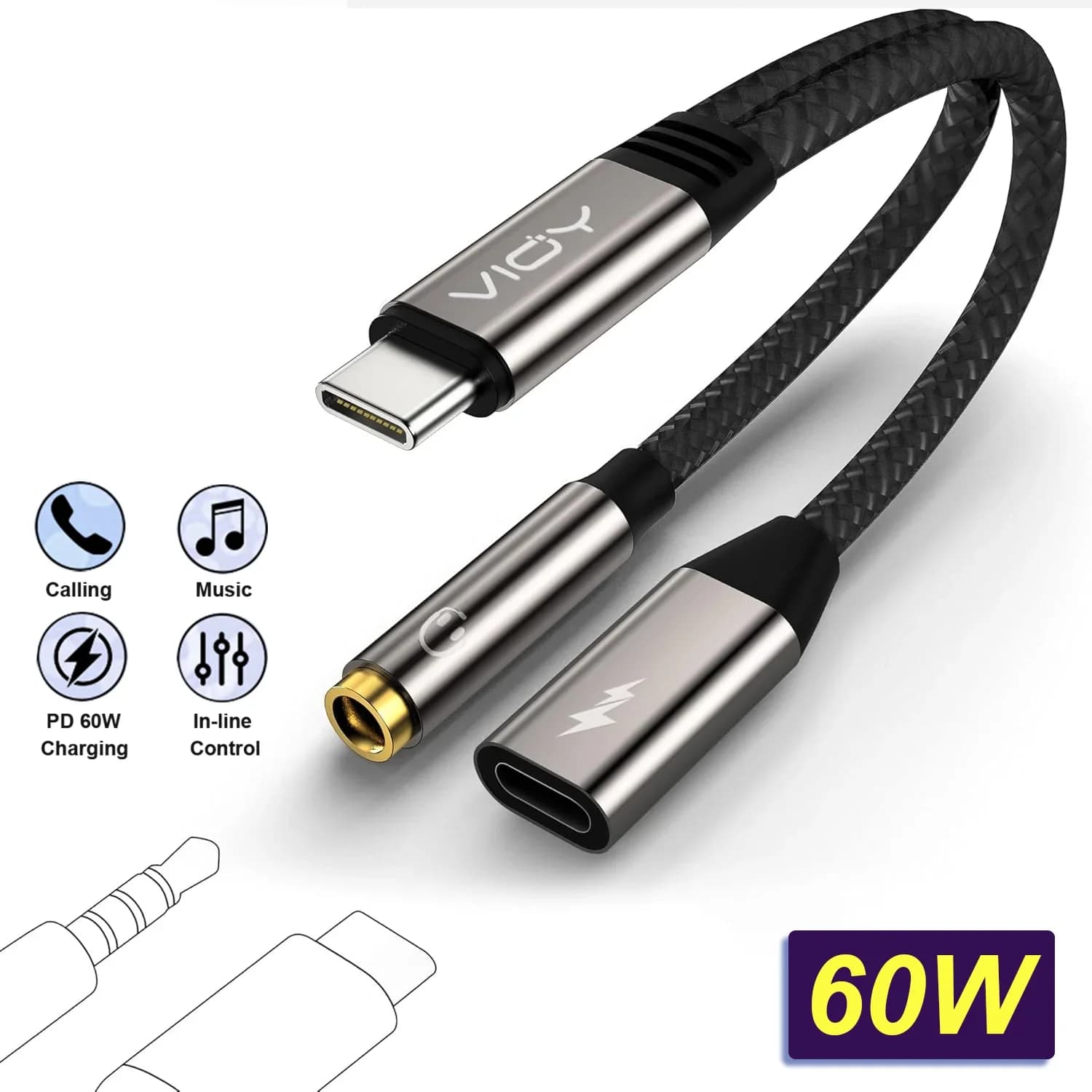 USB C To 3.5mm Headphone and Charger Adapter-2 in 1 USB C To Aux Audio Jack with PD 60W Fast Charging and Data Transfer