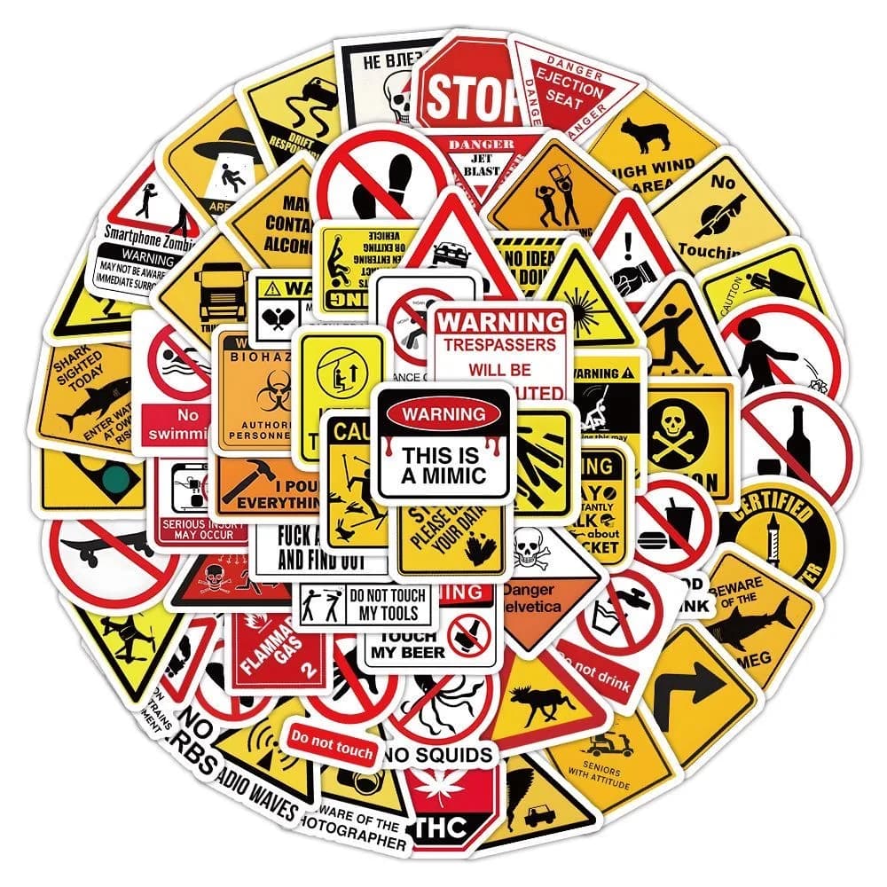 Confezione da 50/100 Adesivi con Motivi di Avvertimento, Decorazioni Fai-da-Te per Skateboard, Moto, Valigie, Cancelleria, Telefoni e Laptop