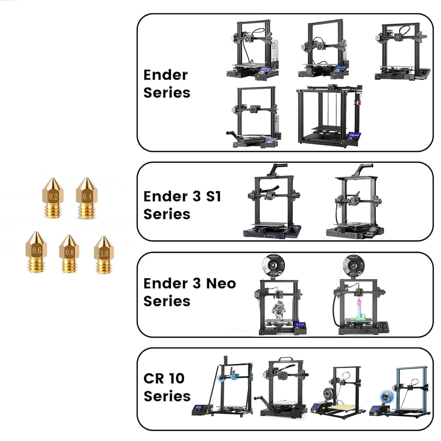 24PCS MK8 Ugelli Estrattori per stampante 3D Ugelli in ottone 0.2/0.4/0.6/0.8/1.0 o Creality Ender 3/Ender 3 Pro/Ender 3 S1/CR 10