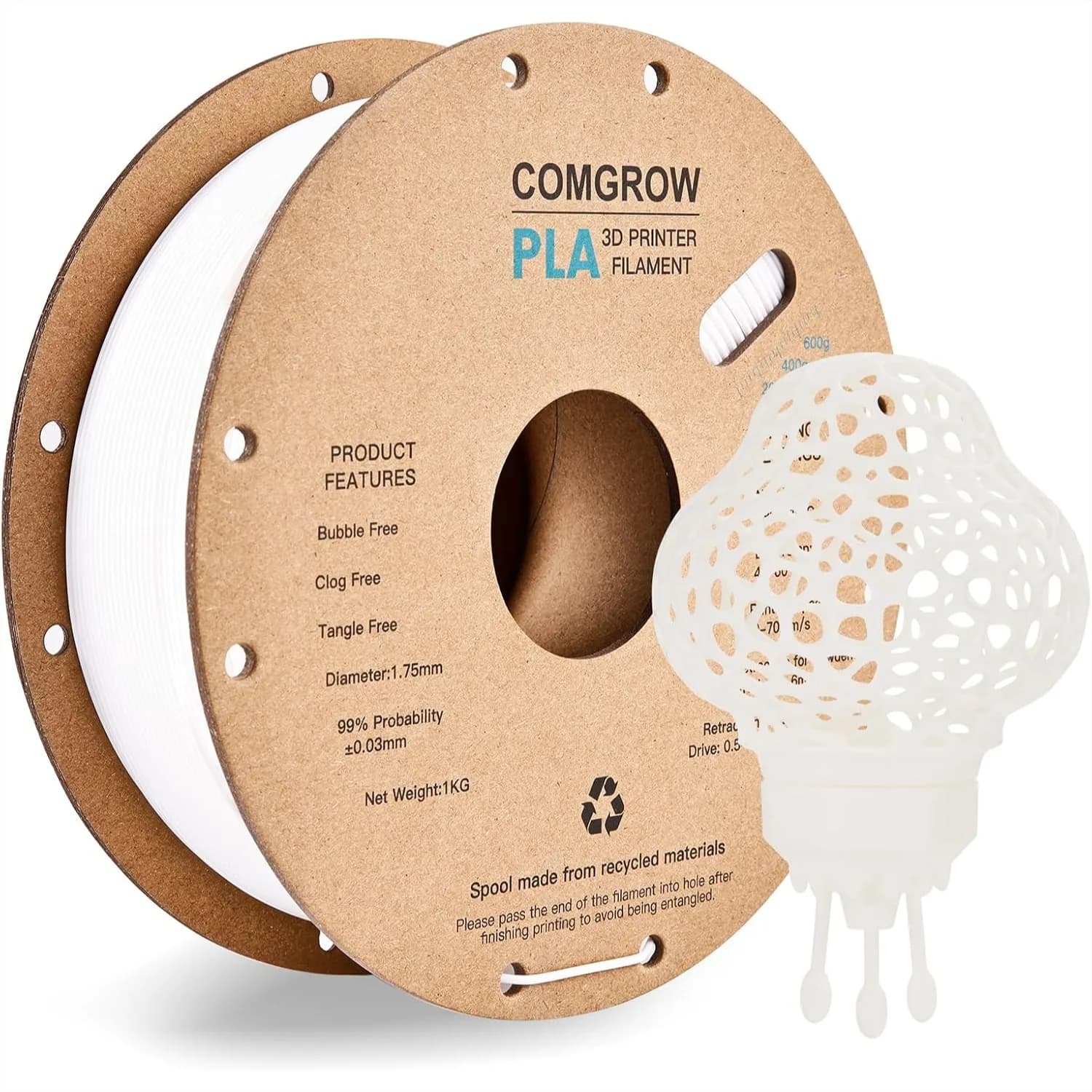 Filamento PLA per Stampante 3D 1.75mm, Precisione Dimensionale +/-0.02mm, Bobina da 1KG Bianca per Stampanti FDM