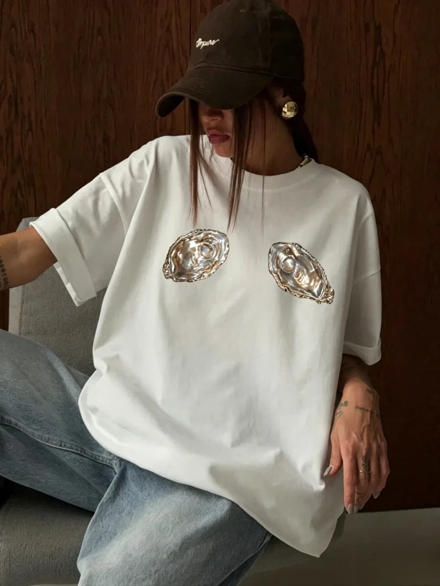 T-shirt Oversize da Donna 100% Cotone Nuova Collezione Estate 2026 con Stampa a Conchiglia di Ostrica, Stile Streetwear Casual Versatile