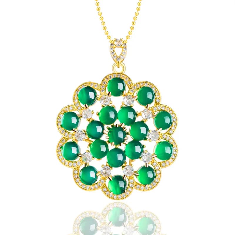 Authentic natural green agate flower copper plated gold inlaid with jade pendant for women, fashionable gift necklace