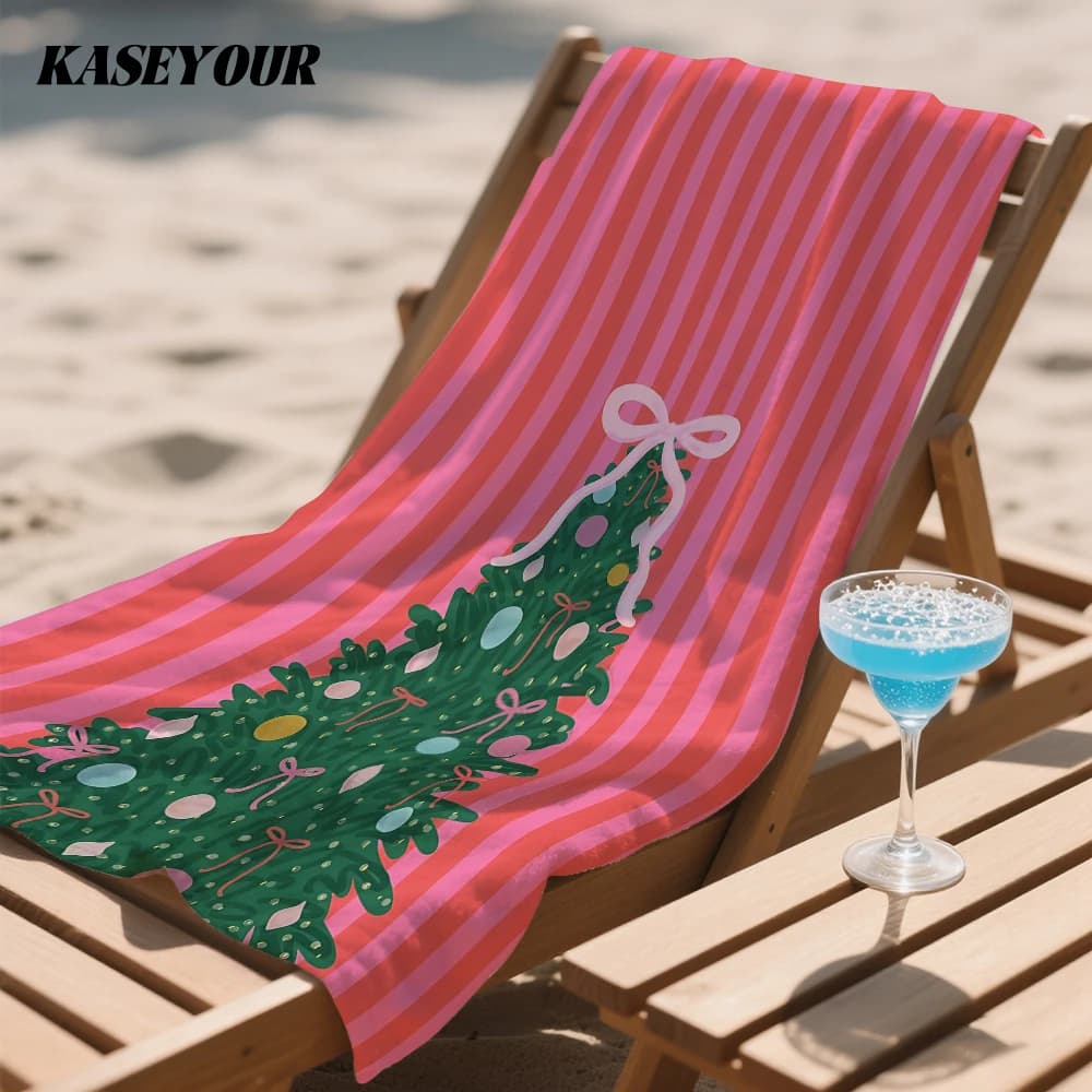 Red striped Christmas tree Compact Travel Beach Towel Super Absorbent Sand Resistant, Microfiber for Swimming Camping Yoga