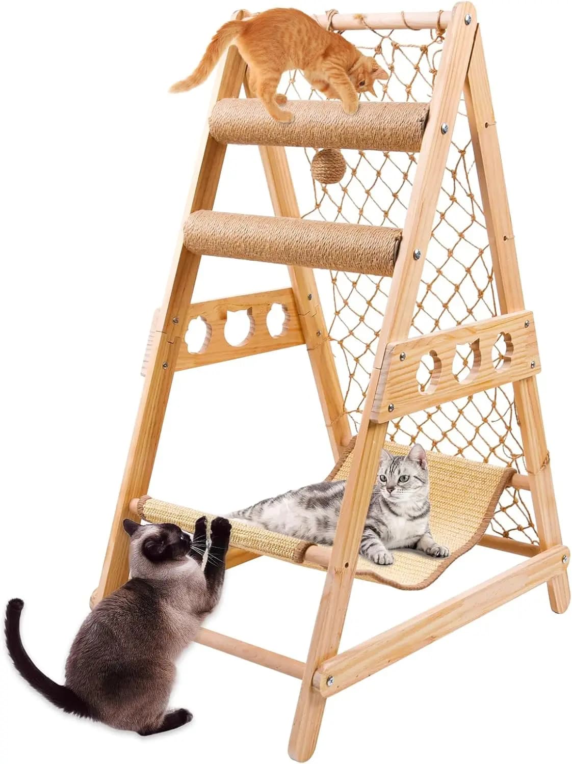 Albero per gatti con scala, amaca, tiragraffi ClimWeb e palla di sisal pendente, adatto a gatti di tutte le taglie