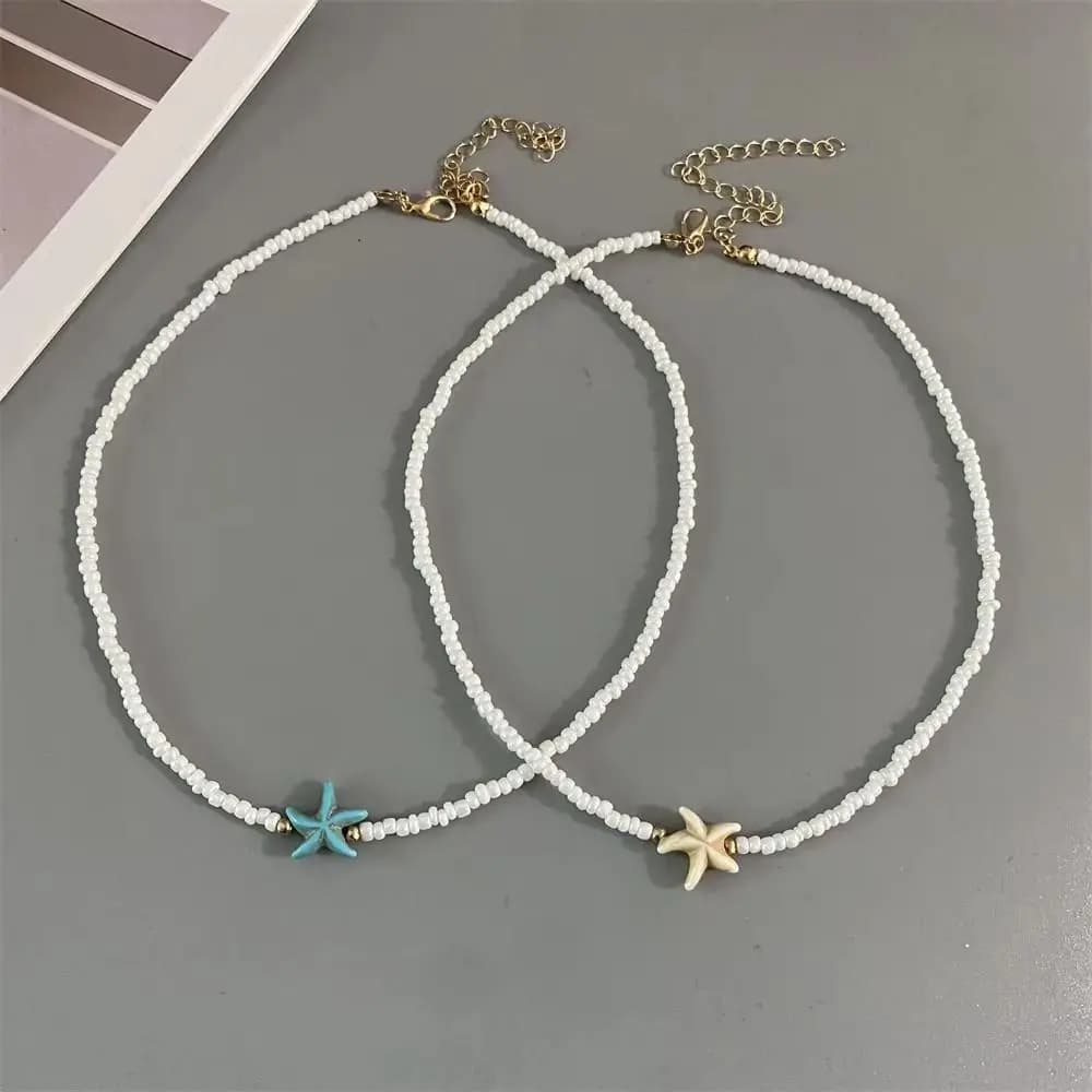 Bohemian Starfish Pendant Necklace Summer Jewelry Short Beaded Neck Chain Lightweight Beach Wear Shell Choker Necklace for Women