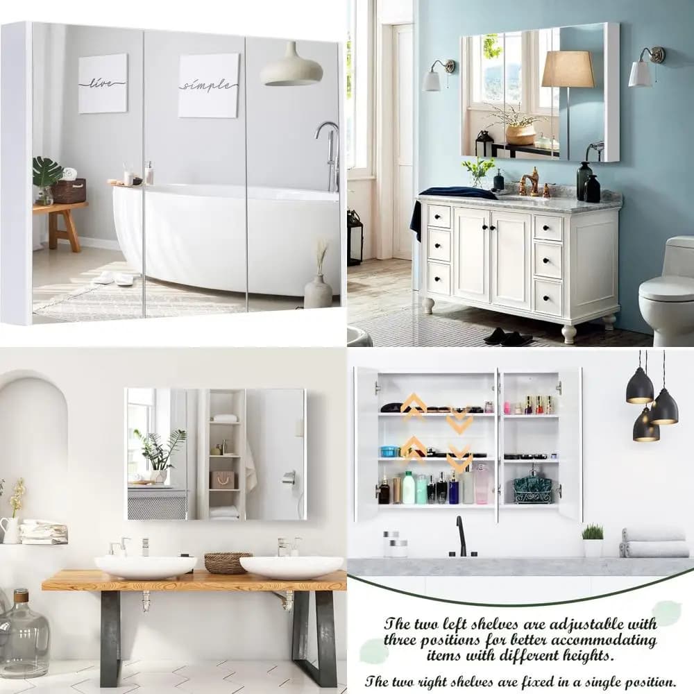 Armadietto a Specchio Triplo da Parete, 36x4.5x25.5 Pollici, Bianco - Ideale per Bagno e Soggiorno