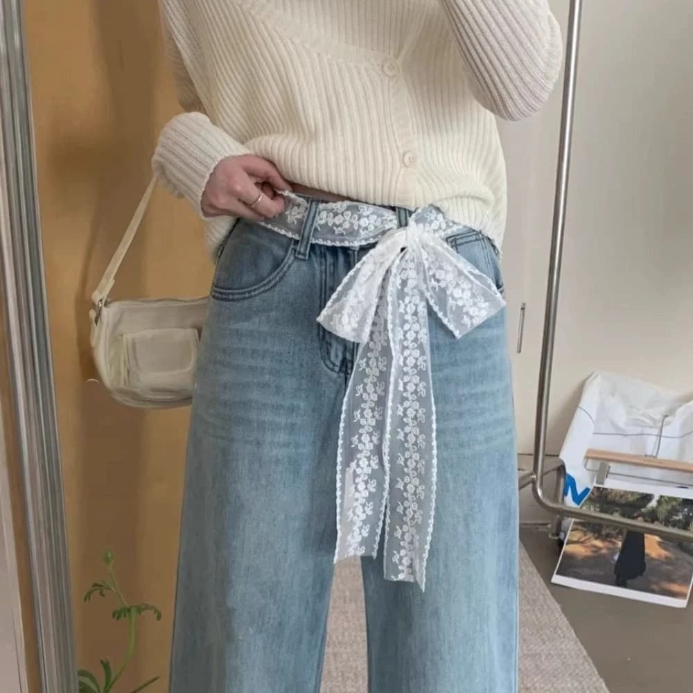 Cintura coreana Y2k lunga in pizzo con fiocco in pizzo floreale Cintura in vita con allacciatura sottile Cintura jeans estiva