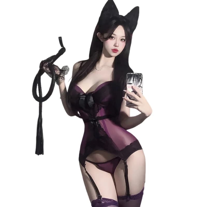 Completo due pezzi sexy viola con spalle scoperte, schiena scoperta, corsetto a vita con stecche, pizzo e rete, e tuta con anelli in acciaio - Lingerie sexy