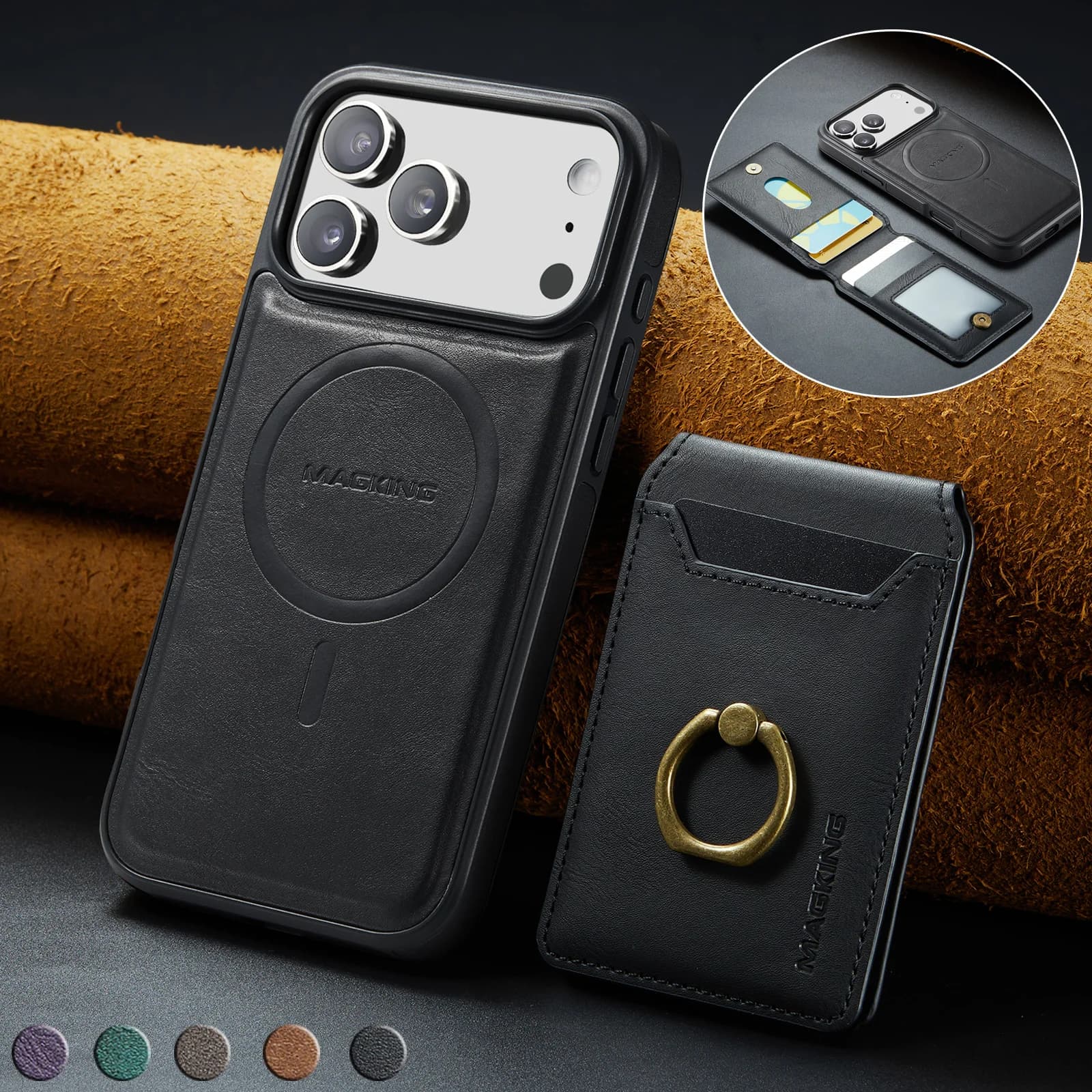 Flip Leather For Magsafe Wallet Phone Case for iPhone 17 Air 16 Pro Max 16E 15 Plus 14 13 12 Ring Card Slots Holder Cover Coque