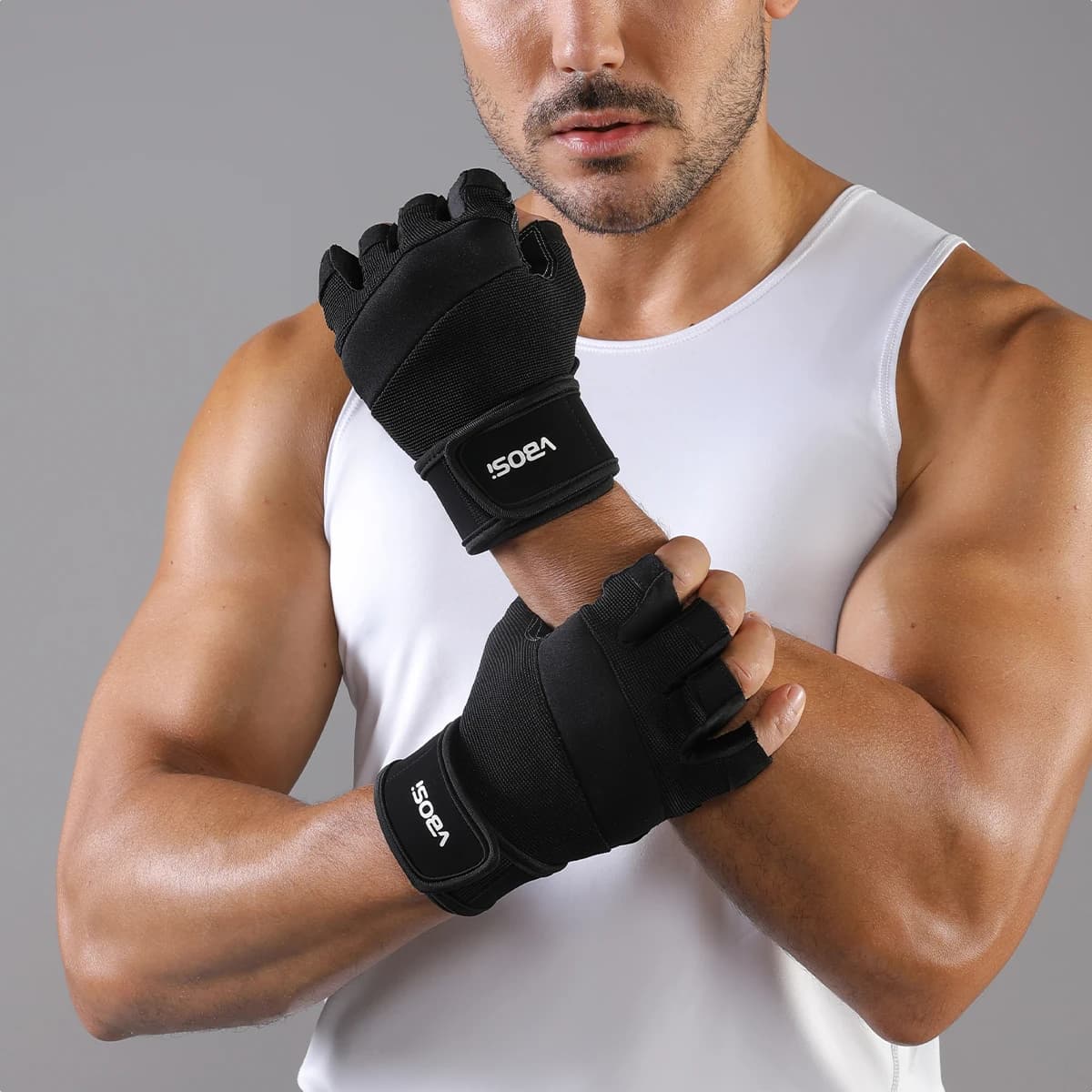 VBOSi Sports Gloves half fingers breathable silicone anti-slip for wrist stand with adjustable straps for men