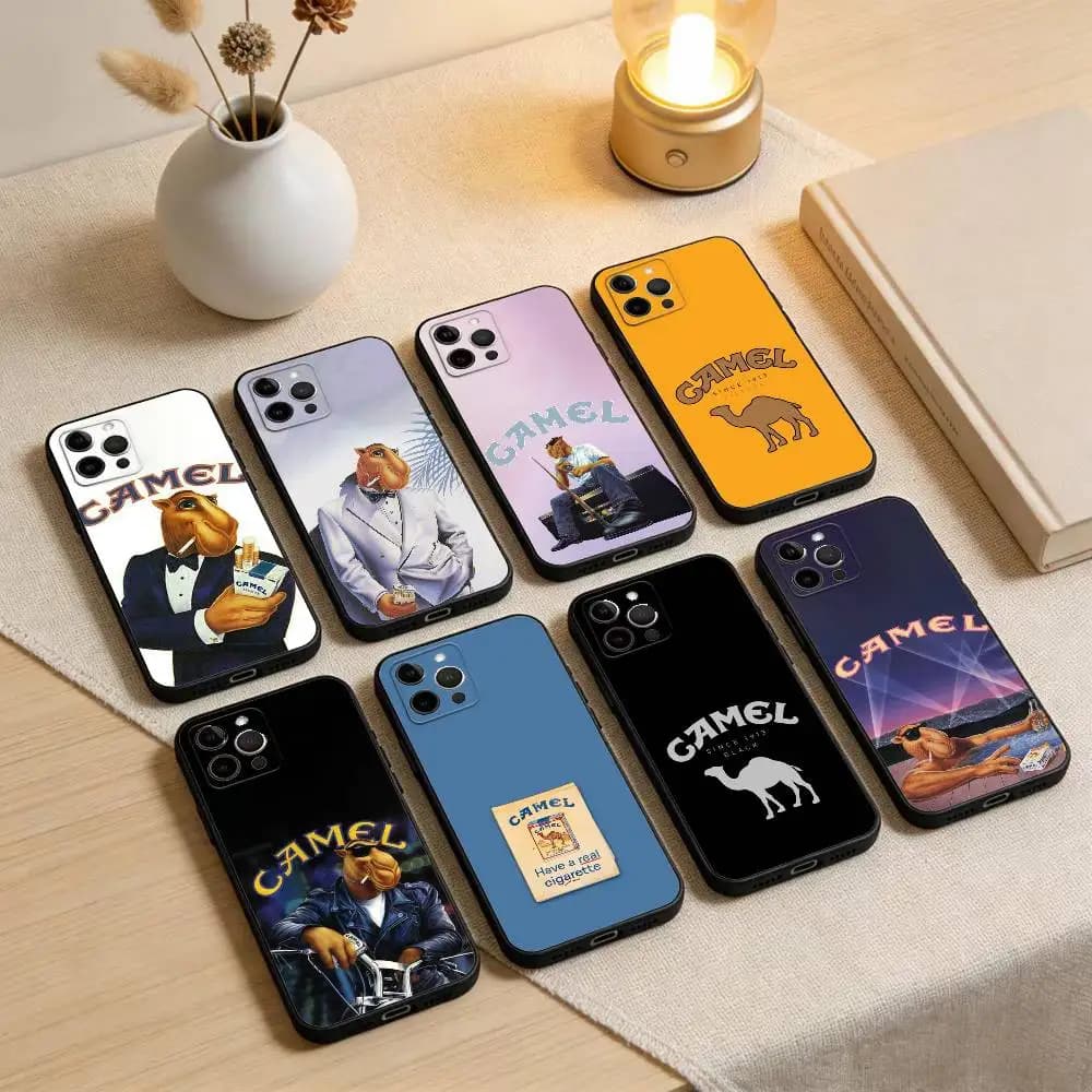 Custodia per telefono Cigarette-Marca Camel per iPhone 17,16,15,14,13,12,11 Plus,Pro Max, XS, cover nera in morbido silicone