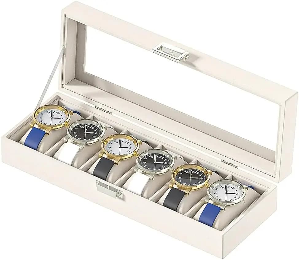 Leather Watch Display Case 6 Slots, Beige Velvet Organizer Box for Men Women, Travel Storage Tray