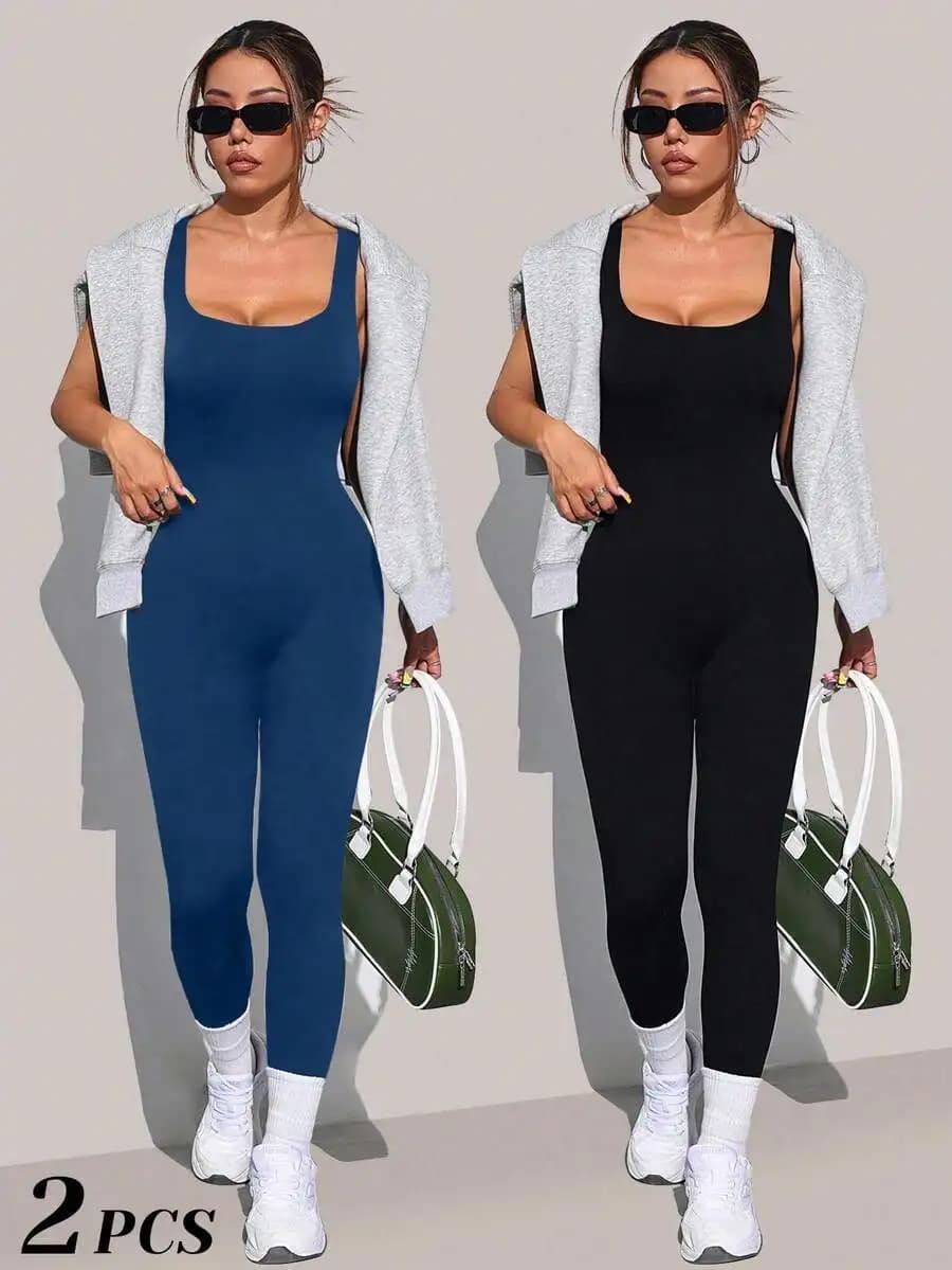 Women Shapewear Bodysuit Square Neck Seamless Ribbed One Piece Jumpsuit Sleeveless Tank Leggings
