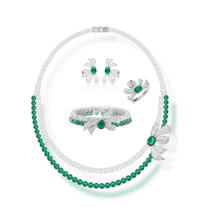 Designer Collection Ring Earrings Bracelet Necklace Women Lady Inlay Green Pink Cubic Zircon Bowknot Pendant Party Jewelry Sets