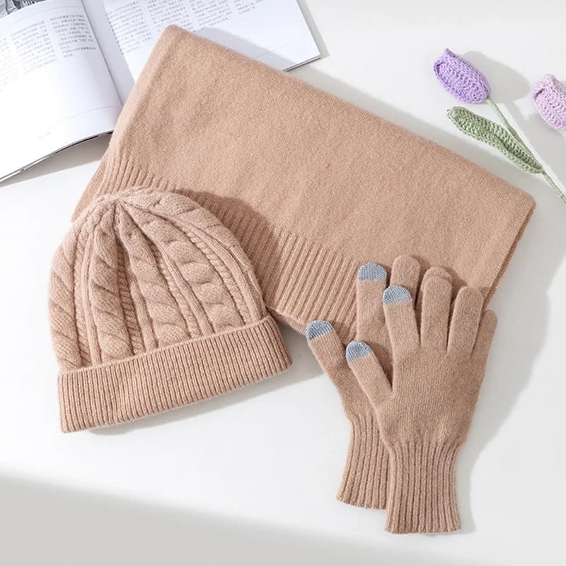 Cappello sciarpa guanti Set donna inverno berretto in lana lavorato a maglia caldo morbido accessorio da sci per l'autunno freddo all'aperto sport di lusso