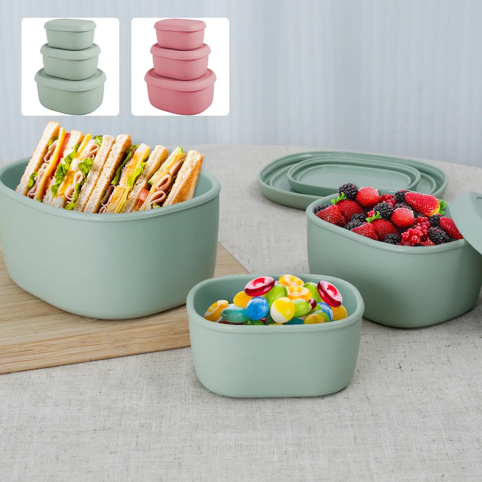 Contenitori per alimenti in silicone da 3 pezzi 6,7 + 10 + 20 once Bento Box in silicone per uso alimentare Contenitore per pranzo all'aperto in silicone a tenuta stagna