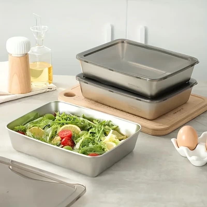 Contenitori per alimenti in acciaio inossidabile da 1-6 pezzi con coperchi neri, accessori da cucina, porta coltelli, contenitori impilabili per la preparazione dei pasti in cucina
