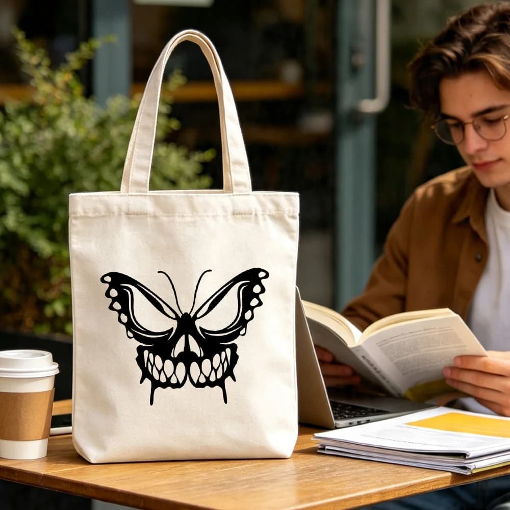 Gothic Skull Butterfly Canvas Tote Bag Halloween Art Print Reusable Shopping Shoulder Bag Aesthetic Handbag Gift for Goth Lovers