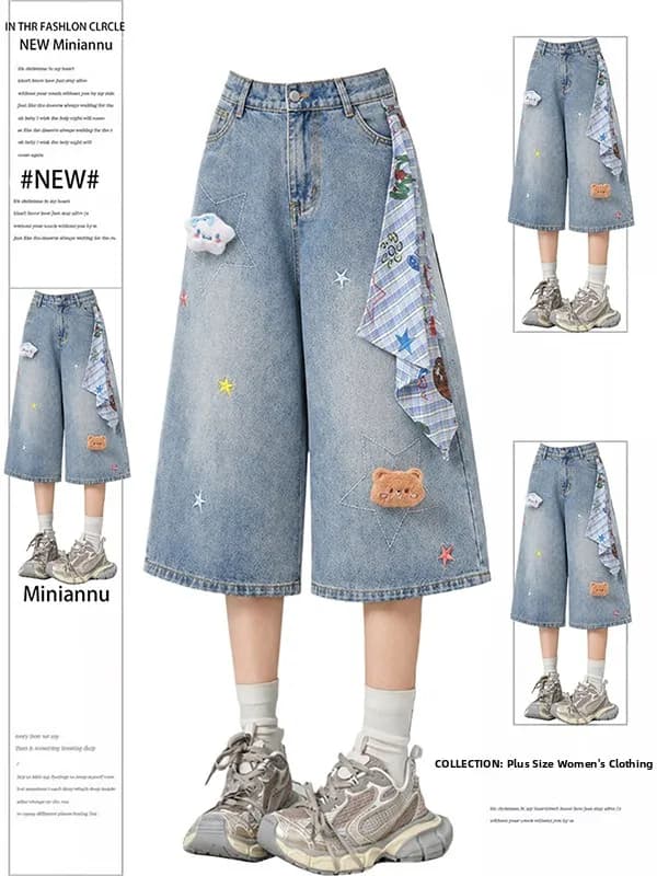 Light Blue Embroidered Bear Scarf Seven-Foot Women's Summer Thin Loose Slim Wide Leg Jeans Casual High Waist Denim Pants