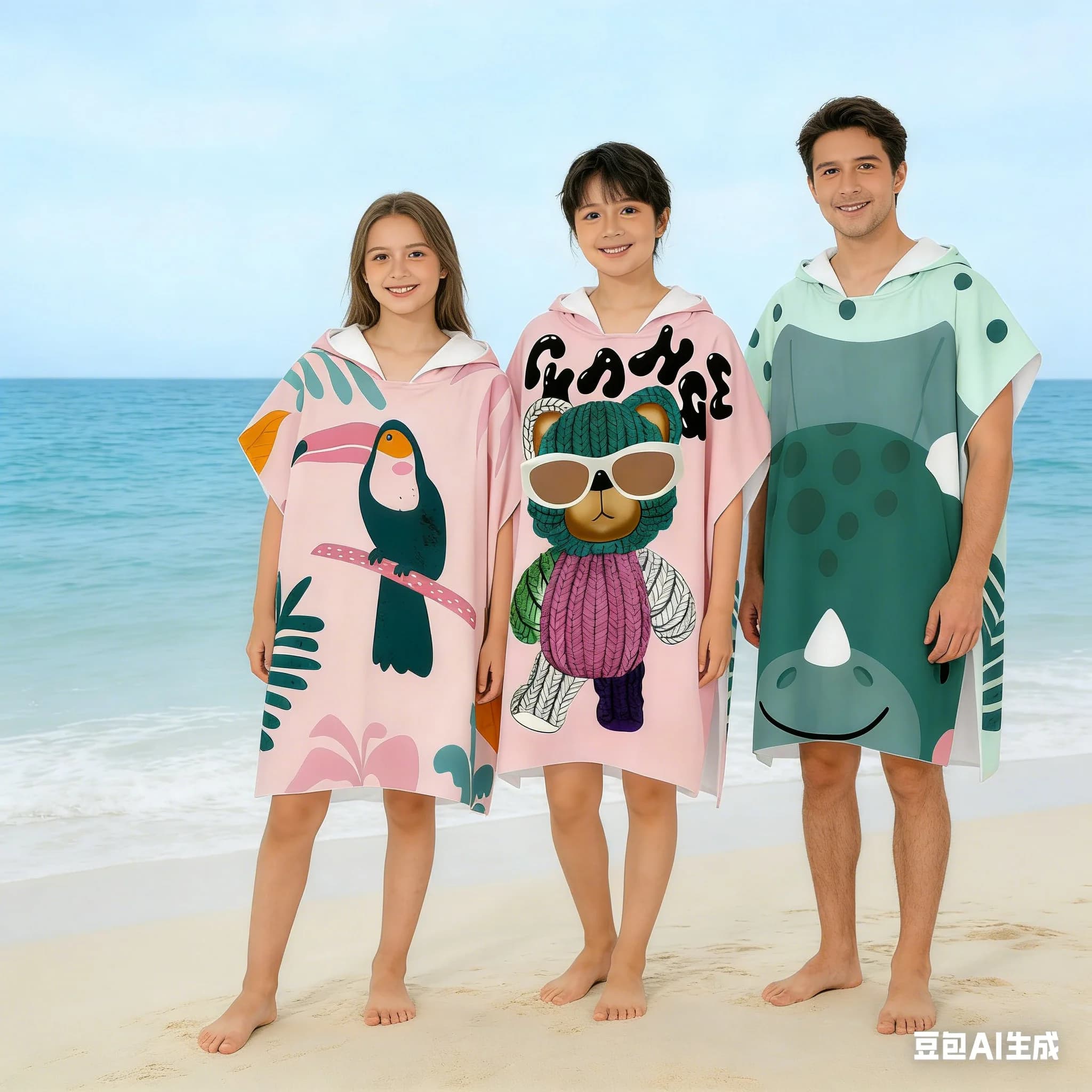 Accappatoio da Spiaggia con Cappuccio per Famiglie, per Bambini e Adulti, in Microfibra ad Asciugatura Rapida, con Motivo Leone Cartone Animato, Copricostume da Spiaggia