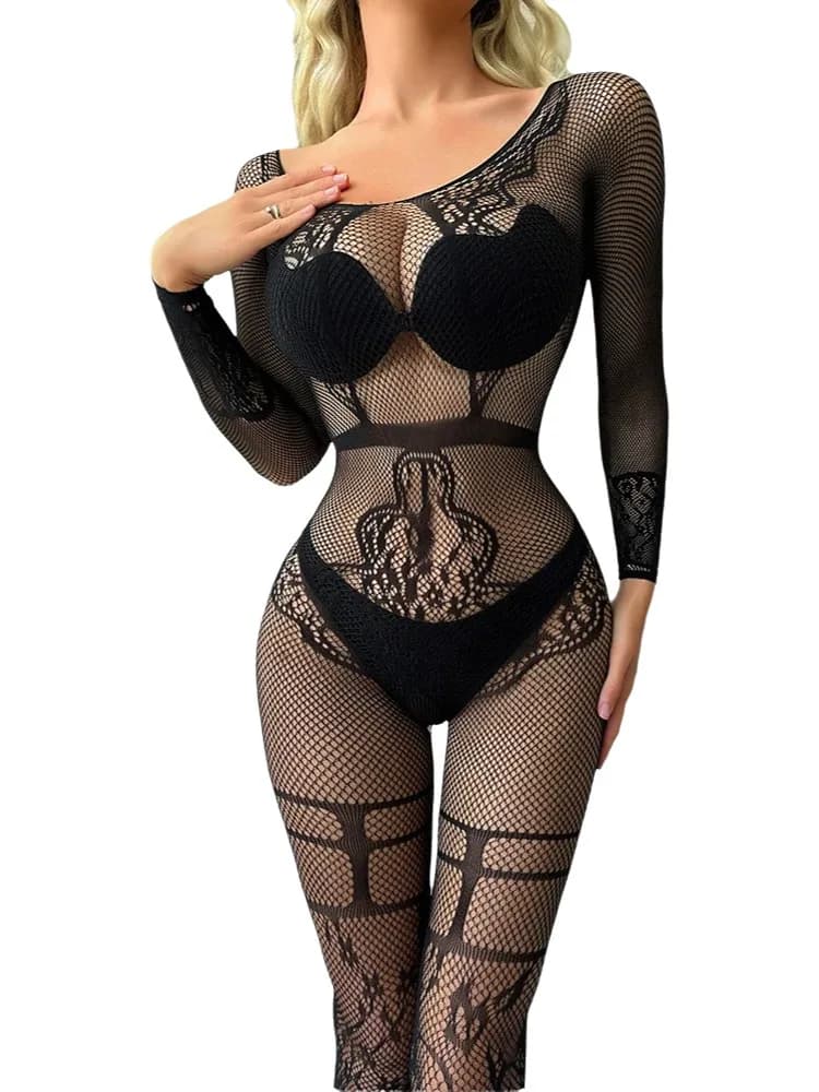 Lingerie Moda Maglia Abbigliamento Rete da pesca sexy Fascino maturo Elegante tuta delicata Tuta attillata senza schienale a maniche lunghe B0WG