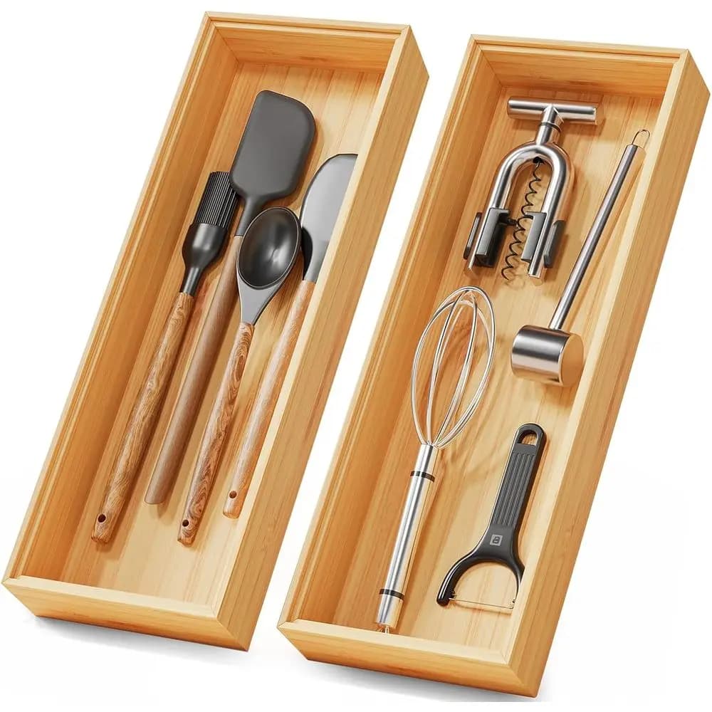 Kitchen Organizer Boxes – 14 x 5 Stackable Wood Silverware Utensil Tray or Drawers Cutlery & Flatware Storage – Wooden Pantry Or