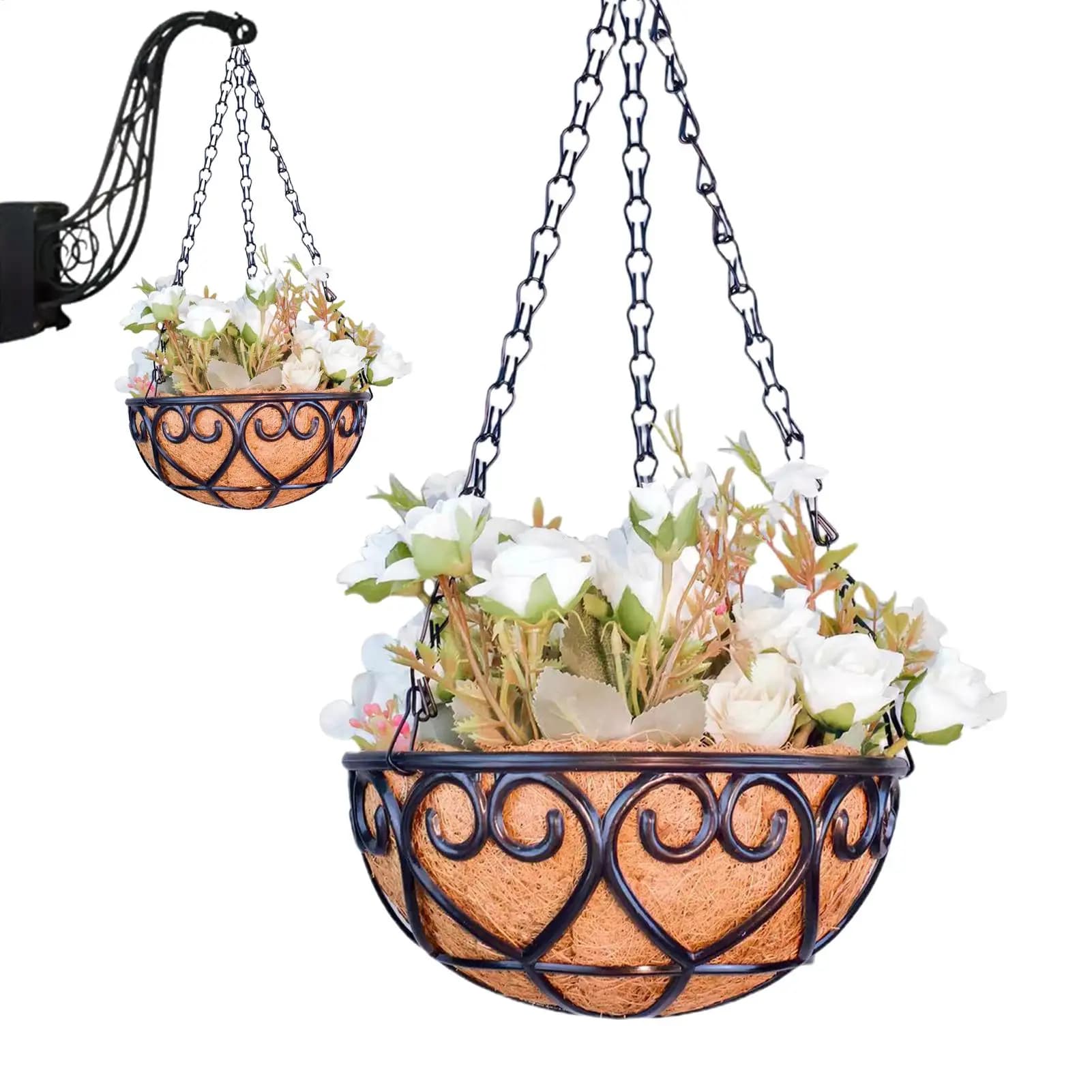 Resin Hanging Flower Pots with Chain Coconut Palm Liner Indoor Flower Pots Garden Decoration for Flower Planting