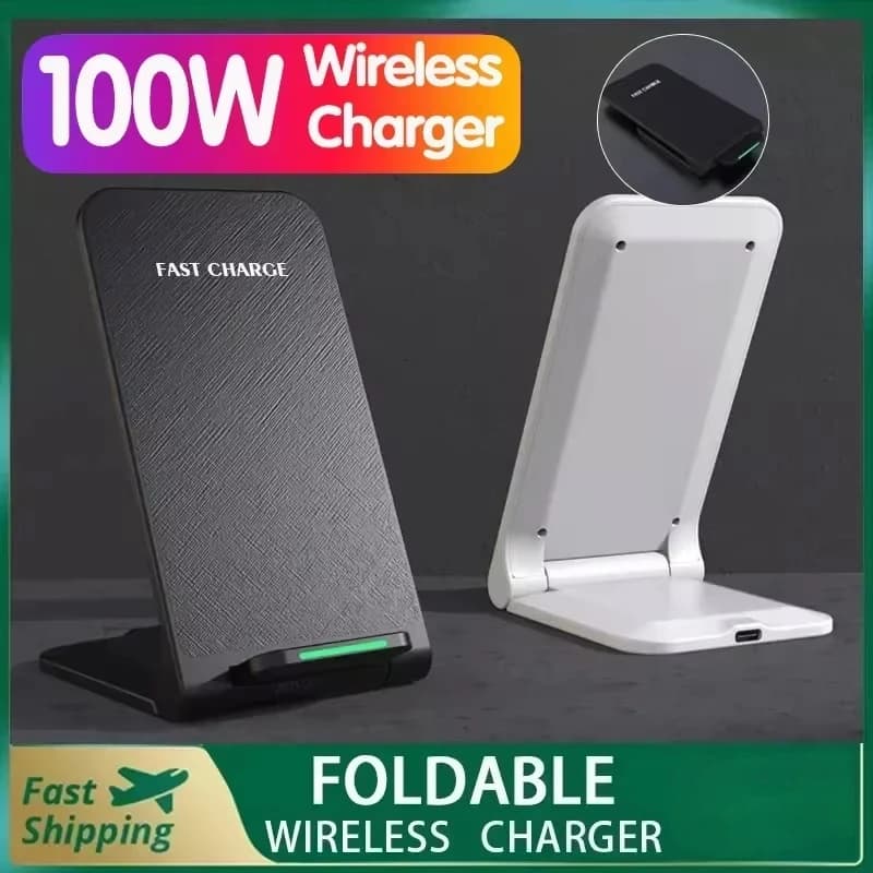 Stazione di ricarica wireless da 100 W, ricarica rapida per iPhone 15 14 13 12 11 Pro Max Samsung Xiaomi, supporto pieghevole per telefono con caricabatterie