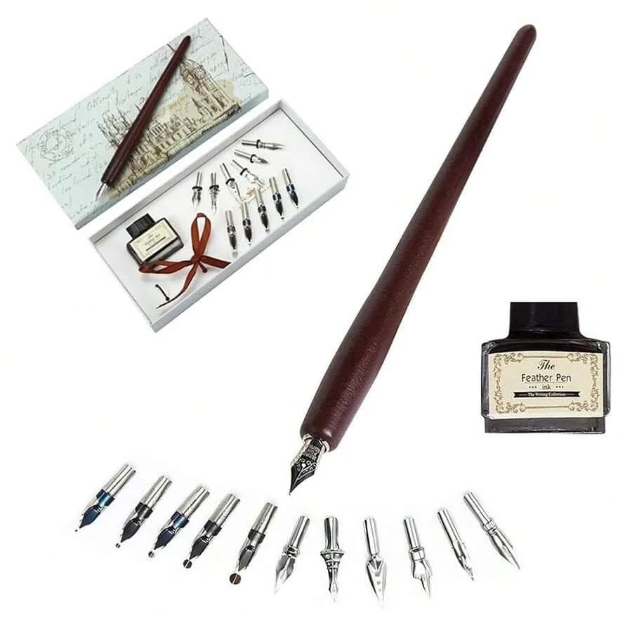 Pens Set -Wooden Dip Pen Handcrafted Calligraphy Set With 11 Nibs and Black Ink