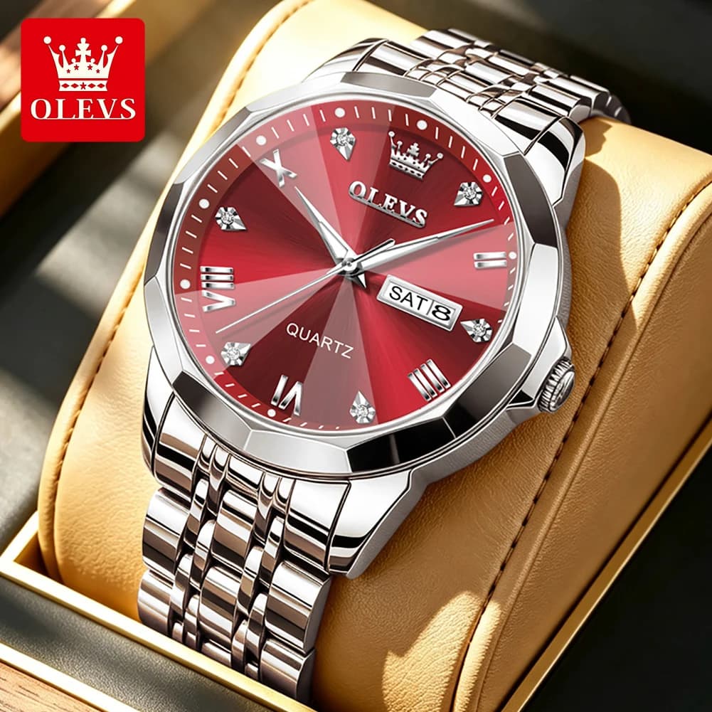 OLEVS Brand Original Business Men Quartz Watch Week Date Luxury Stainless Steel Strap Waterproof Luminous Fashion Red Watch Men