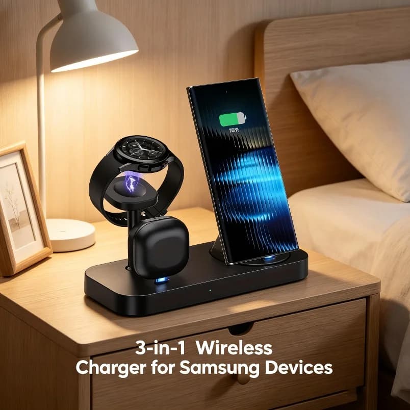 Caricatore Wireless 3 in 1 con Supporto, Ricarica Rapida 30W, Stazione di Ricarica Stabile a Doppia Bobina per Samsung Galaxy Serie S24 S23, Orologi e Auricolari