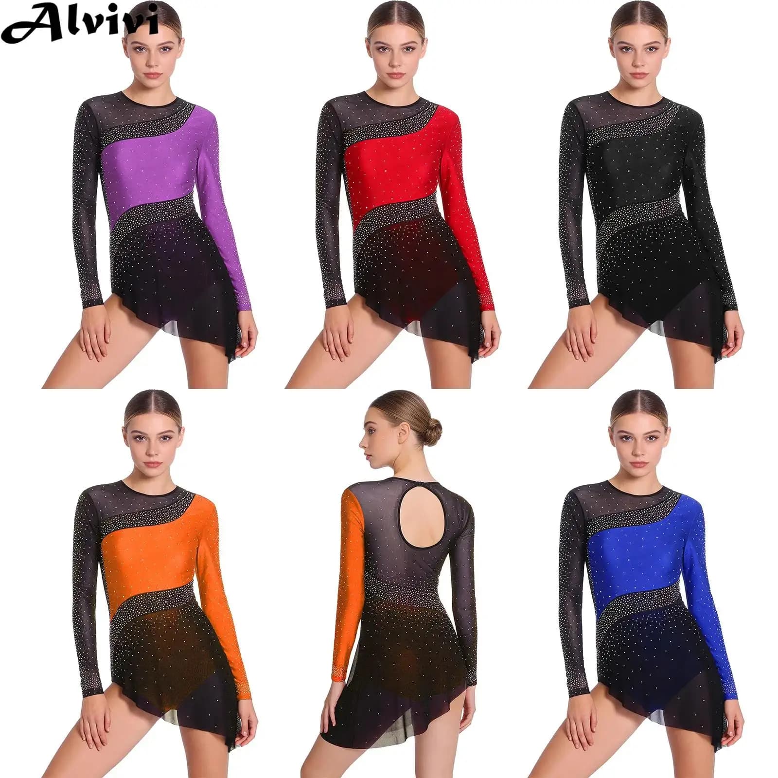Abito da Pattinaggio Artistico per Donne, Danza Latina, Tango, Cha-cha, Rumba, Samba, Body da Ginnastica a Maniche Lunghe in Rete Trasparente con Strass