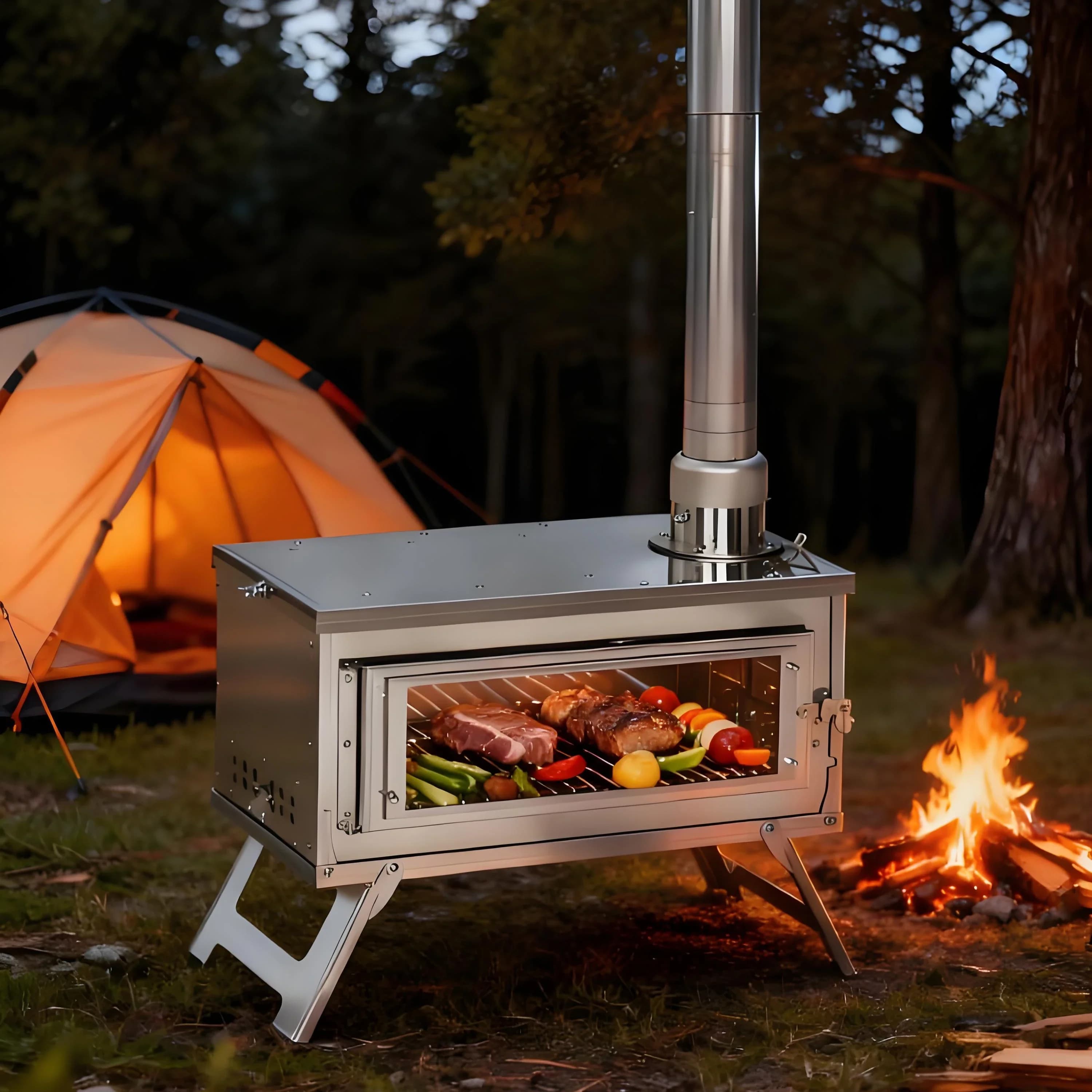 Fornello BBQ in Acciaio Inox Indispensabile per Campeggio e Picnic, Portatile e Pieghevole, a Legna e Carbone con Termometro per Uso Esterno