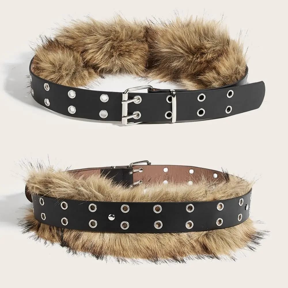 Retro Trendy Design Faux Fur Belts Punk Y2K Rivet Buttonhole Belt All-match Waist Belts Women Fashion