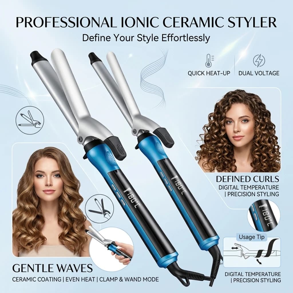 Ceramic Curling Iron with LCD Digital Display and Smart Temperature Control for Big Waves, Home and Salon Use, 25mm 32mm